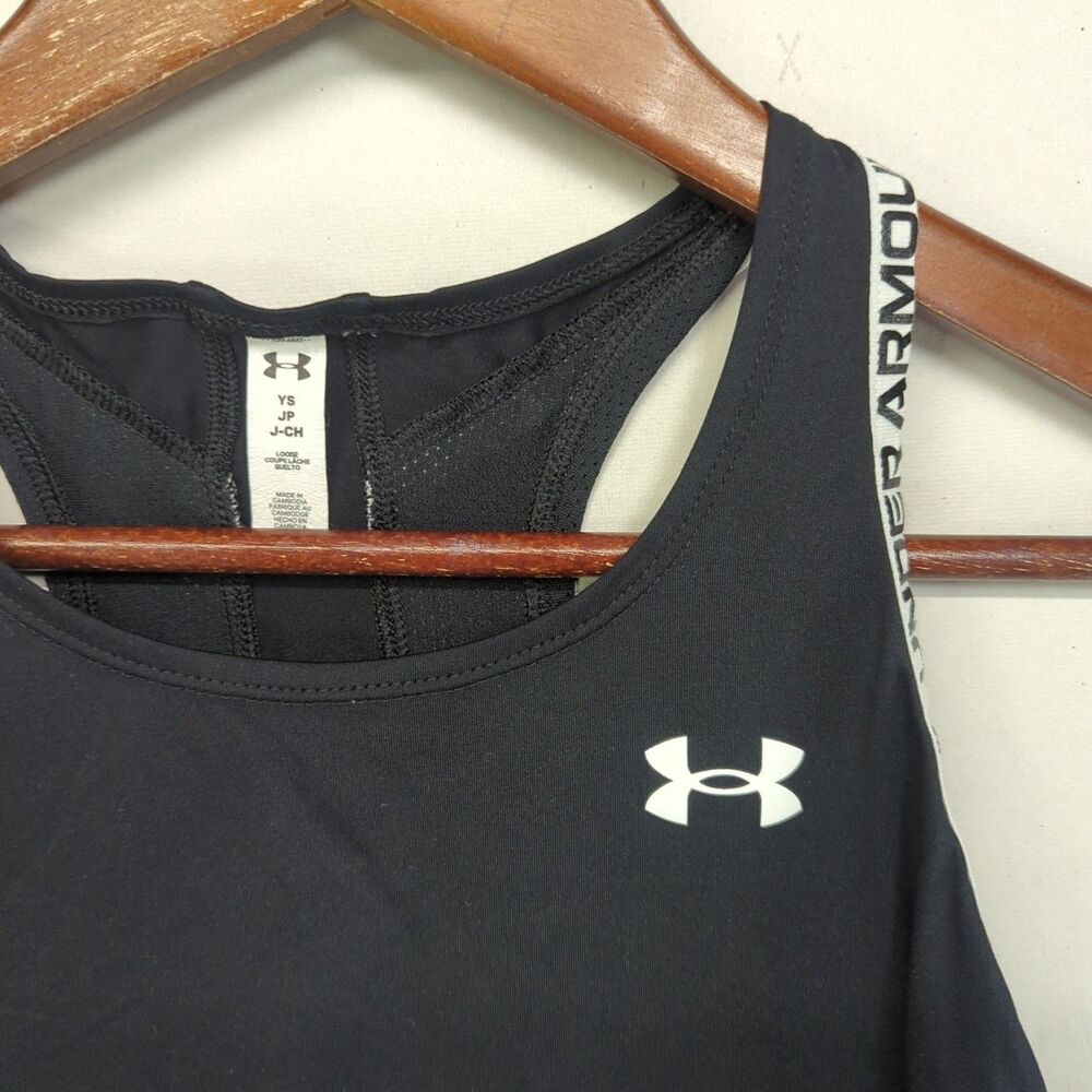 Girls Under Armour Shirt Lot Small10/12 White Girls Never Quit Black Tank - Picture 3 of 16